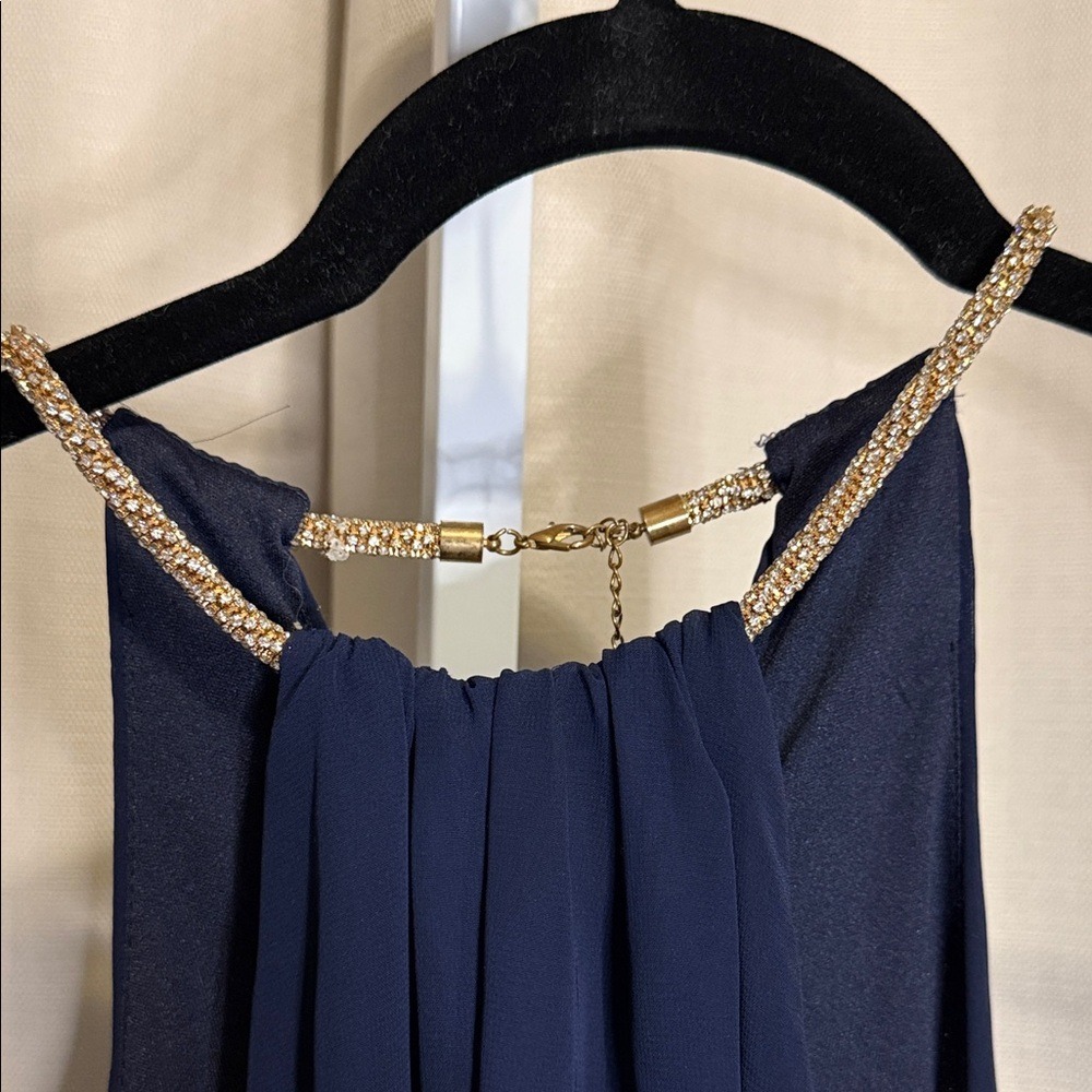 Betsy & Adam Navy Blue Chiffon High-Low Halter Dress Rhinestone Chain Size‎ 8 - Picture 5 of 6